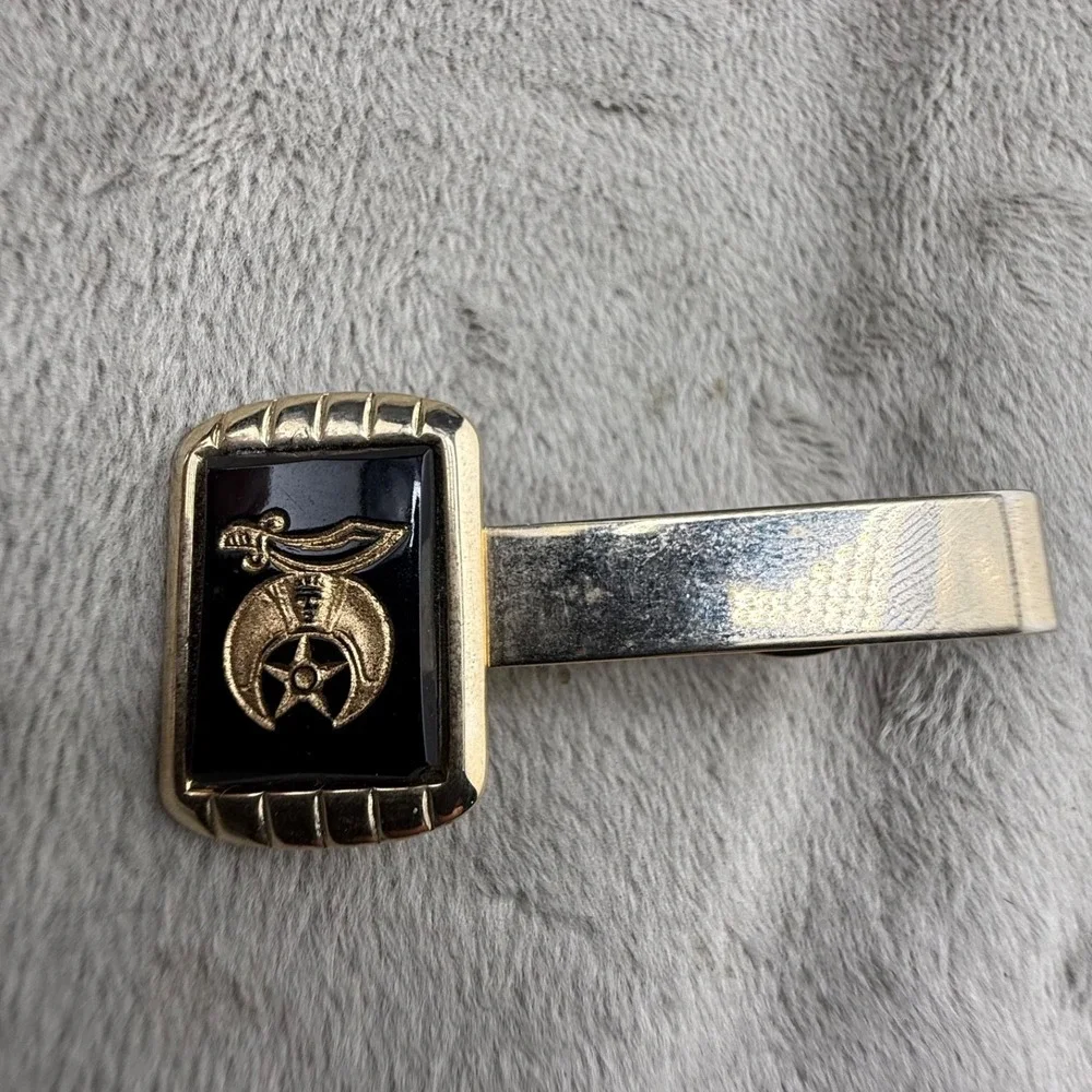 Vintage Shriner's Cufflinks Tie Clip Masons Gold Tone Stone
